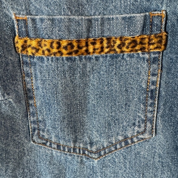 Ease Sport Women's 18W Denim Button Shirt Jacket Blue Leopard Trim Western - Picture 5 of 8